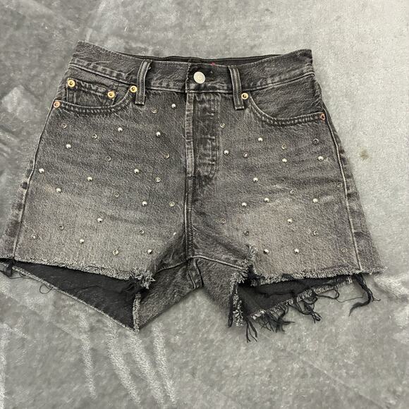 Levi’s Wedgie Jean Shorts Women Sz 26 Black Studded Rhinestone Cutoff Daisy Duke - Picture 1 of 10